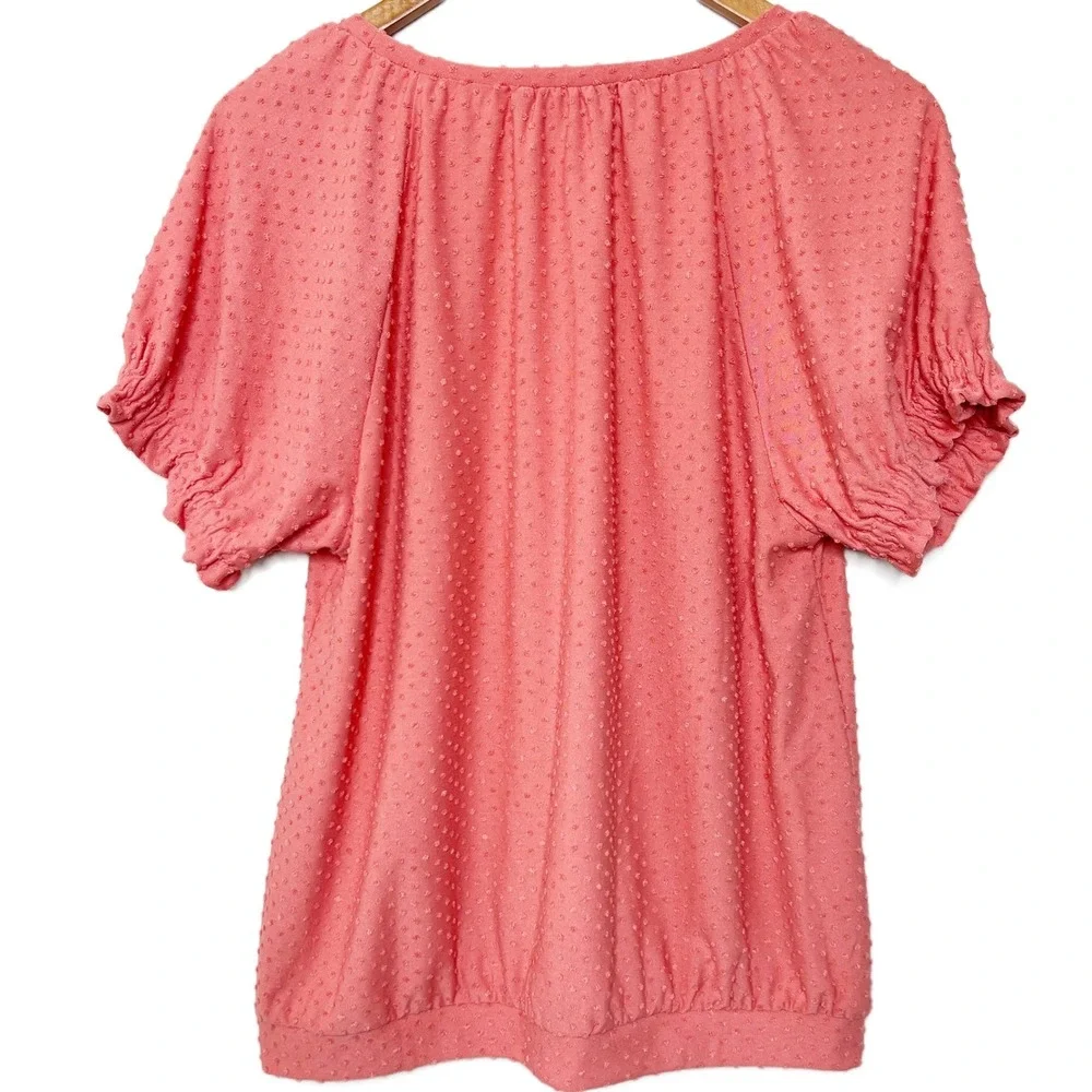 LOFT NWT Women Coral Pink Swiss Dot Short‎ Puff Sleeve Blouse Top Size M
